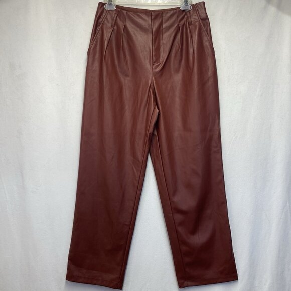 WHO WHAT WEAR Faux Leather High-Rise Straight Leg Trouser Pants Women Sz 6 Brown - Picture 1 of 14